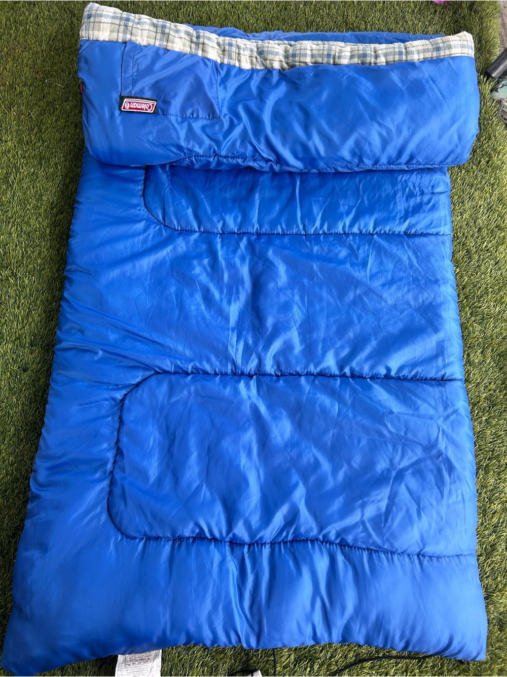 Coleman Royal Blue Outdoor Sleeping Bag with Plaid Trim
